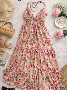 Fashion Nova Pink & Cream Floral Halter Tiered Maxi Dress